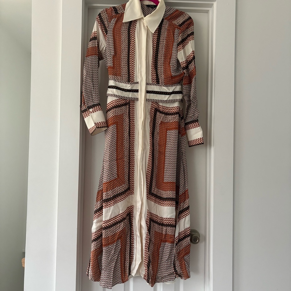 Massimo Dutti Geometric Patterned Dress in Brown and Cream